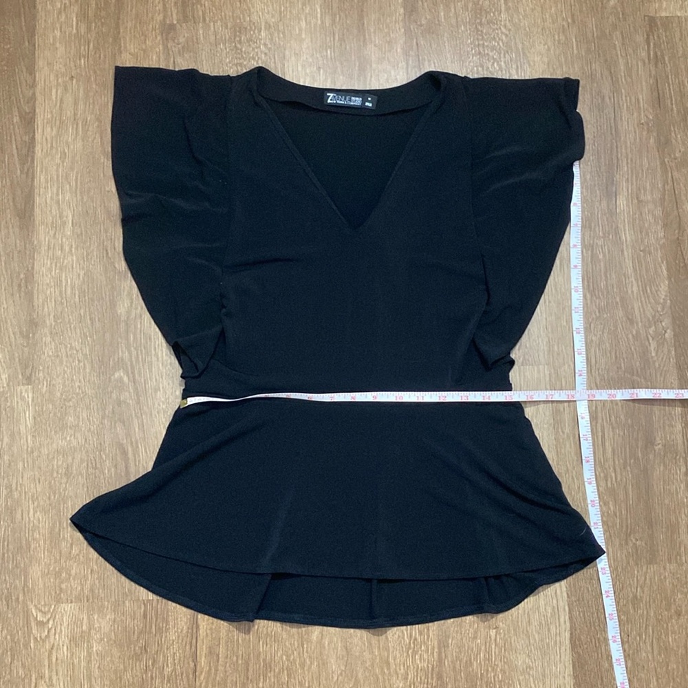New York & Company 7th Ave Black V Neck Blouse Ruffle Sleeves Medium
